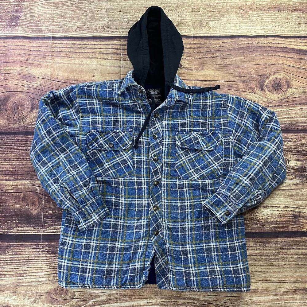 Grit Iron Workwear M Button Up Sherpa Lined Flannel Hooded Jacket Blue